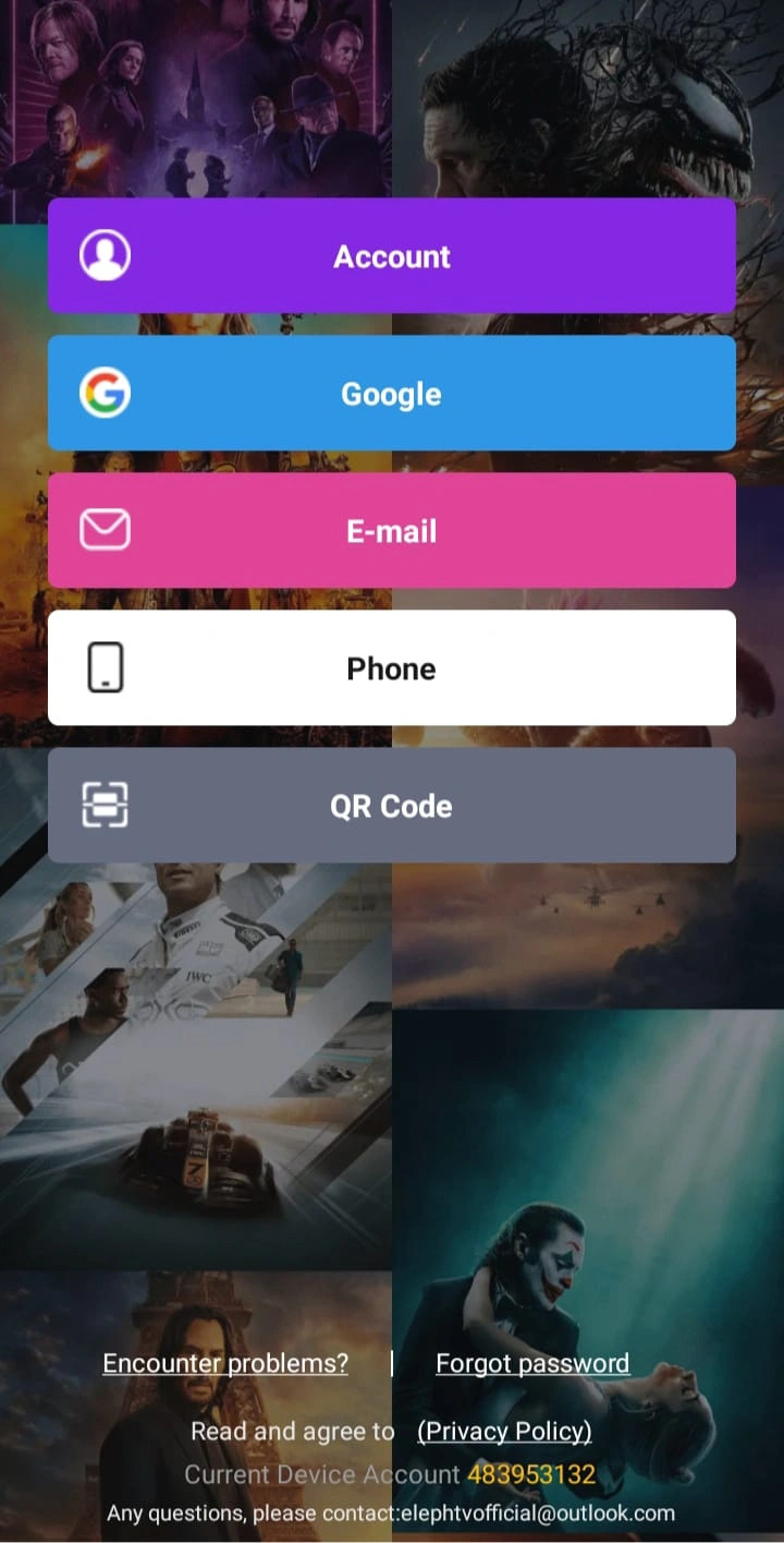 ElephTV account screen showing Account, Google, Email, Phone and QR Code options