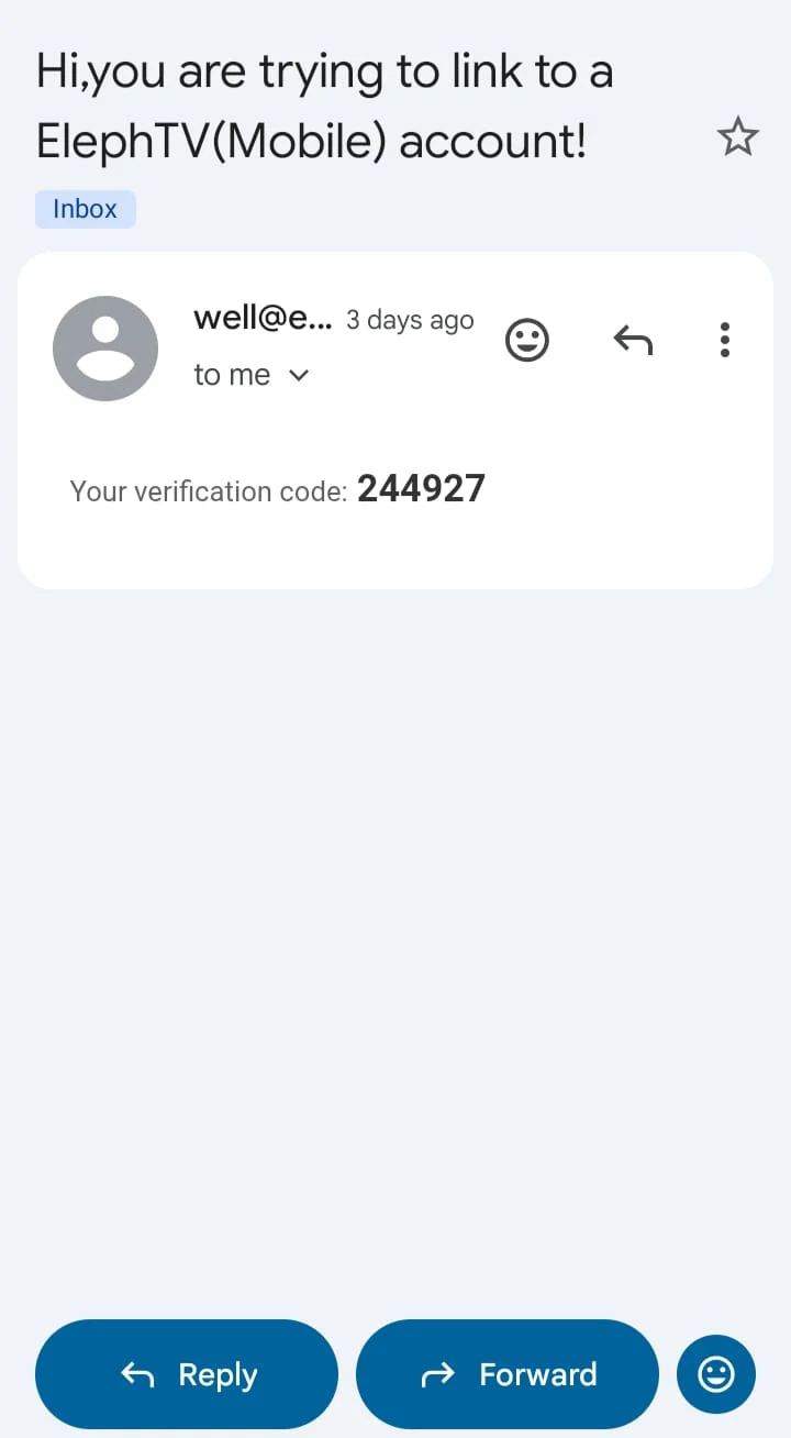 Opened ElephTV email showing the free trial verification code