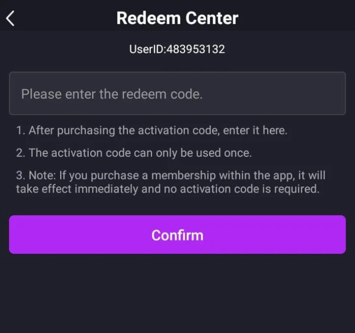 ElephTV Redeem Center screen showing the redeem-code field and Confirm button