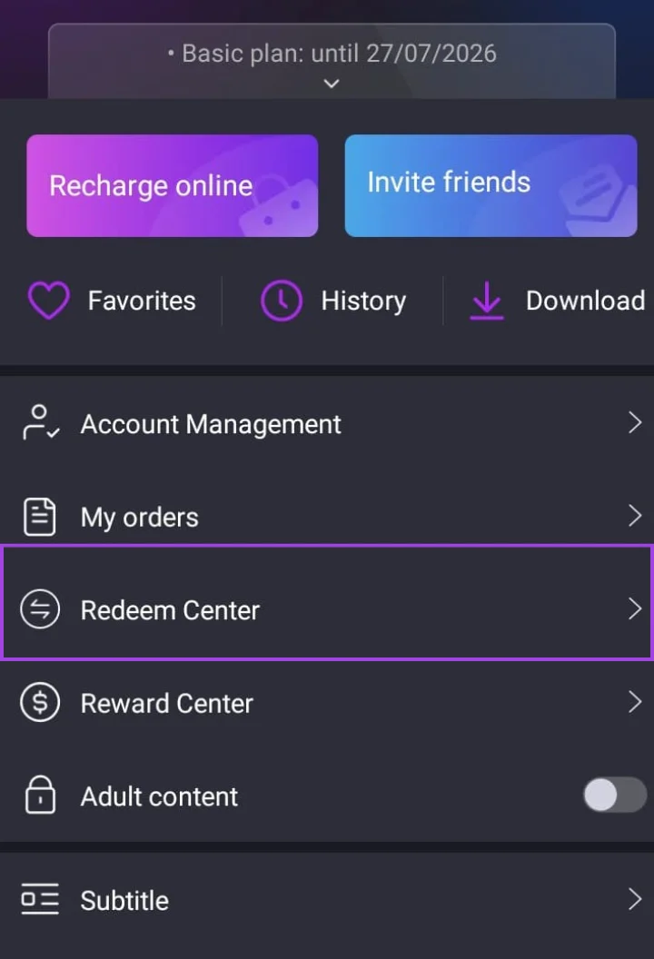 ElephTV profile menu showing the Redeem Center option highlighted