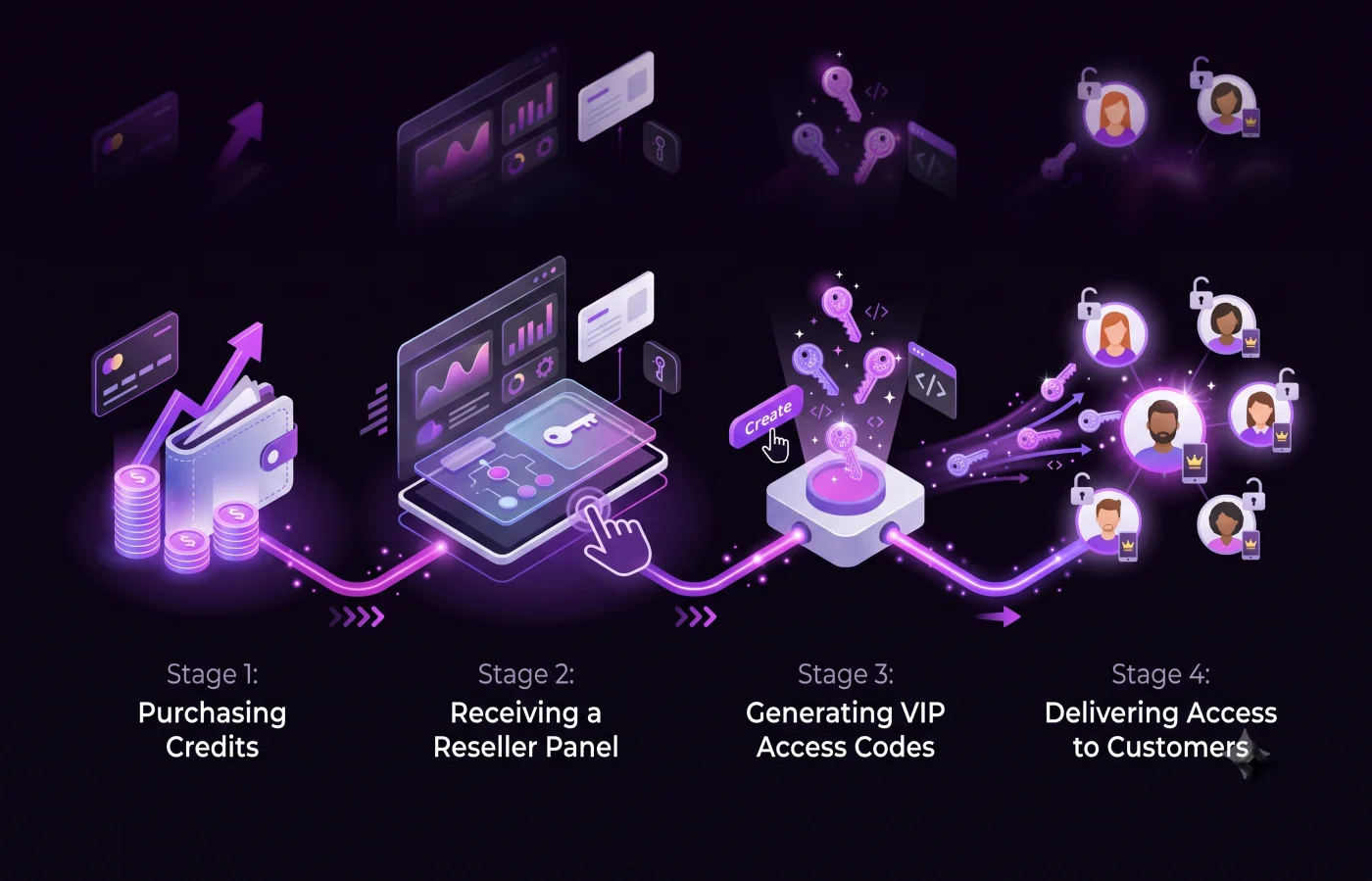 How an ElephTV reseller purchases credits and creates VIP codes
